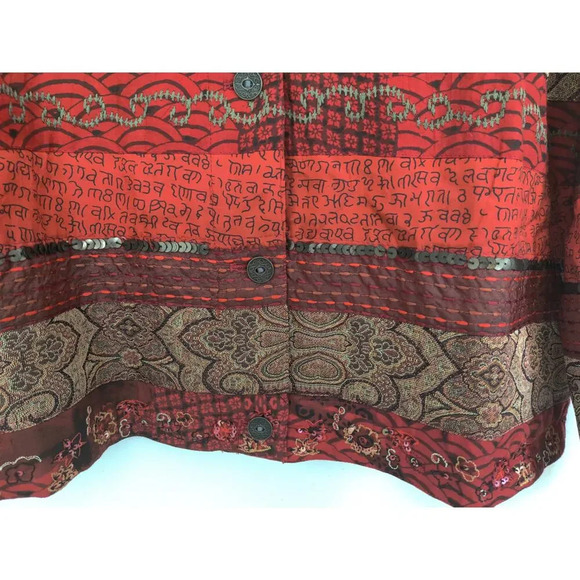 Chico's Red Tapestry Button Up Artsy Rare Embroidered Beaded Jacket Size 2 (L) - Picture 6 of 10